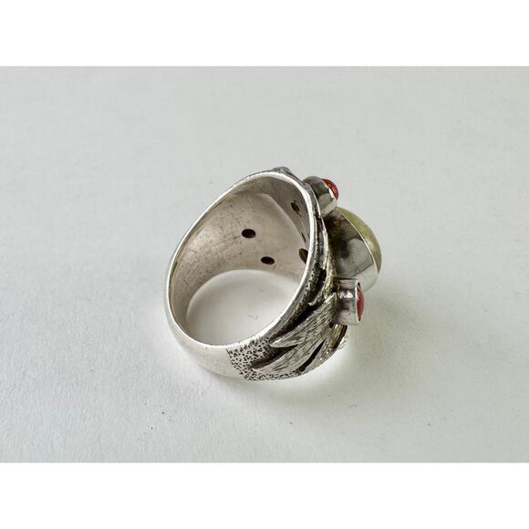 Red Coral Chatoyant Honey Yellow Calcite Hand Carved Sterling 925 Silver Ring - Picture 4 of 7